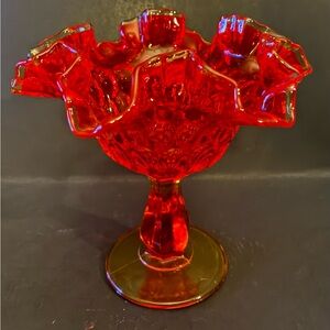 Vintage Fenton Amberina Ruffle Glass Pedestal Candy Dish Ruby Red Thumbprint